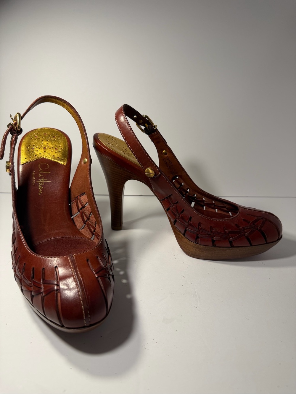 Cole Haan Chestnut Brown Leather Woven Slingback Heels